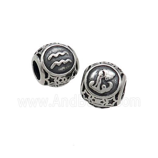Stainless Steel Round Beads Zodiac Aquarius Antique Silver