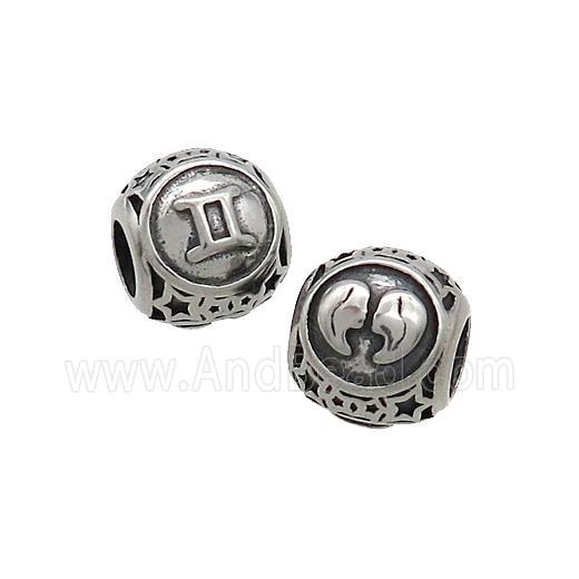 Stainless Steel Round Beads Zodiac Gemini Antique Silver
