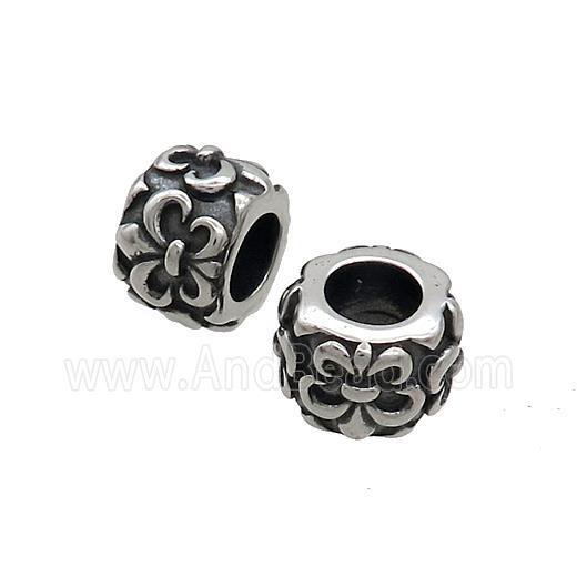 Stainless Steel Column Beads Fleur-de-lis Large Hole Tube Antique Silver