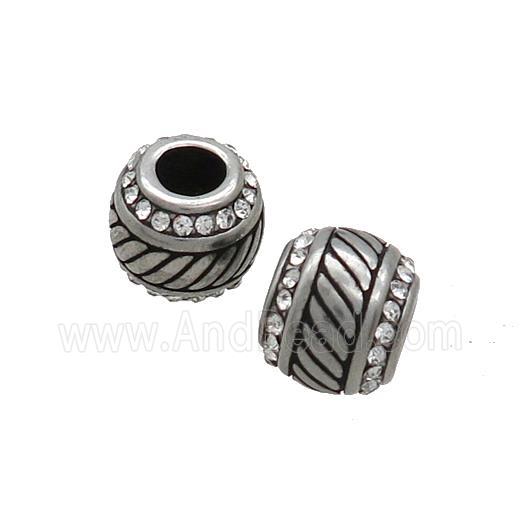 Stainless Steel Round Beads Pave Rhinestone Large Hole Antique Silver