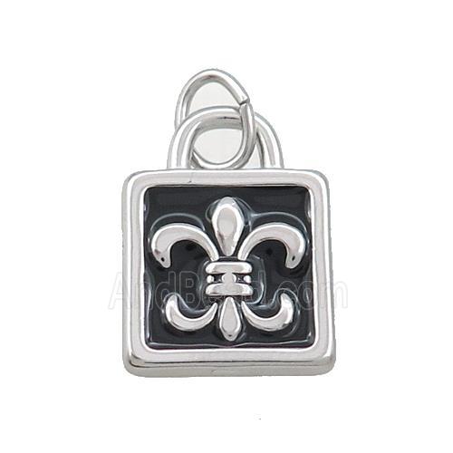 Raw Stainless Steel Fleur-De-Lis Charms Pendant Lock Black Enamel