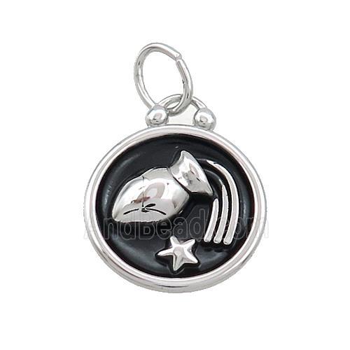 Raw Stainless Steel Aquarius Zodiac Charms Pendant Circle Black Enamel