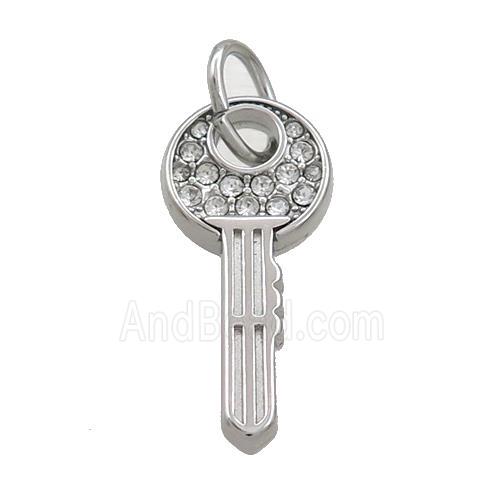 Raw Stainless Steel Key Pendant Pave Rhinestone
