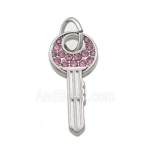 Raw Stainless Steel Key Pendant Pave Pink Rhinestone
