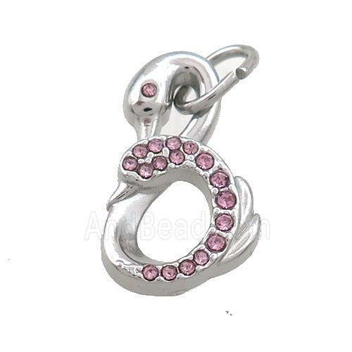 Raw Stainless Steel Swan Pendant Pave Pink Rhinestone