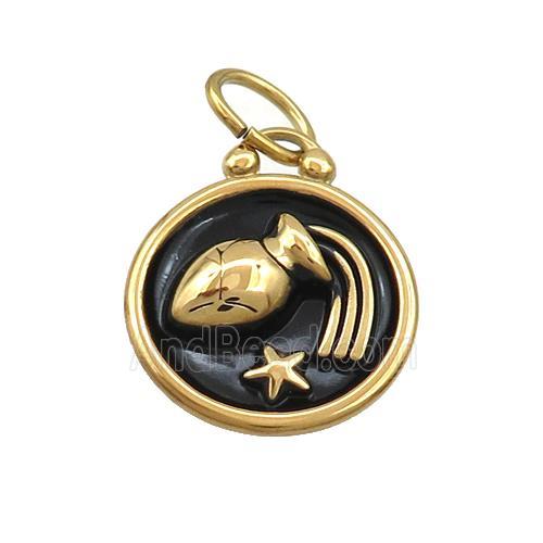 Stainless Steel Aquarius Zodiac Charms Pendant Circle Black Enamel Gold Plated