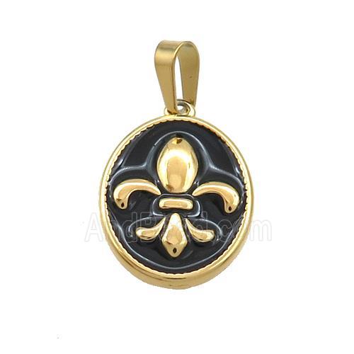 Stainless Steel Fleur-De-Lis Charms Pendant Oval Black Enamel Gold Plated