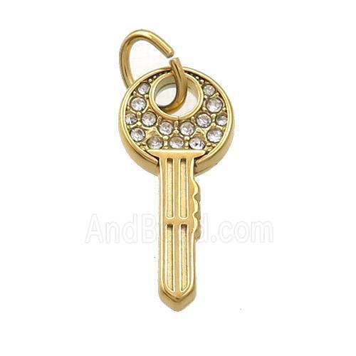 Stainless Steel Key Charms Pendant Pave Rhinestone Gold Plated