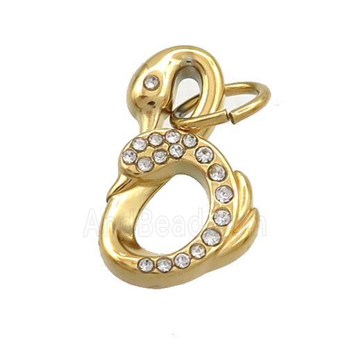 Stainless Steel Swan Pendant Pave Rhinestone Gold Plated