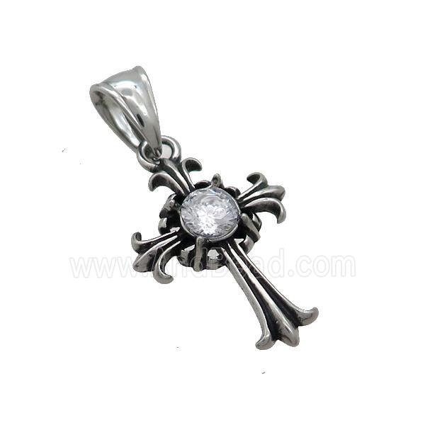 Stainless Steel Cross Pendant Pave Rhinestone Antique Silver
