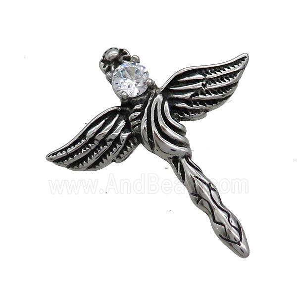 Stainless Steel Cross Pendant Pave Rhinestone Angel Wings Antique Silver