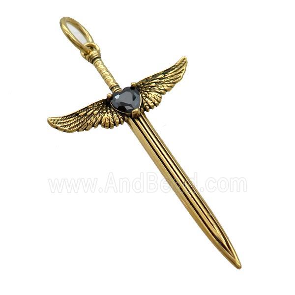 Stainless Steel Cross Pendant Pave Rhinestone Angel Wings Antique Gold