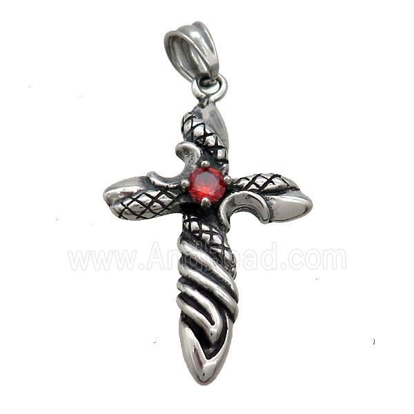 Stainless Steel Cross Pendant Pave Rhinestone Antique Silver