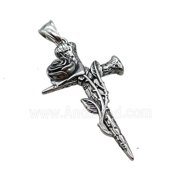 Stainless Steel Cross Pendant Flower Antique Silver