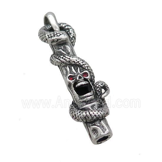 Stainless Steel Skull Charms Pendant Pave Rhinestone Snake Antique Silver
