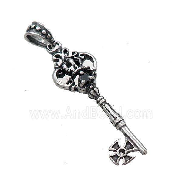 Stainless Steel Key Charms Pendant Pave Rhinestone Antique Silver