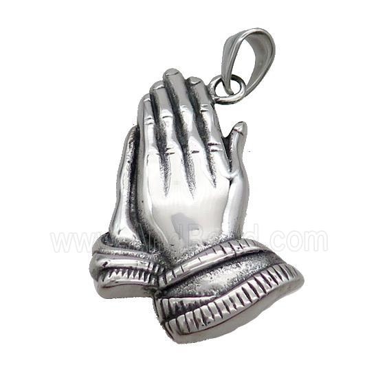Stainless Steel Praying Hands Pendant Buddhist Antique Silver