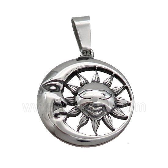 Stainless Steel Sun Moon Crescent Circle Medal Pendant Antique Silver