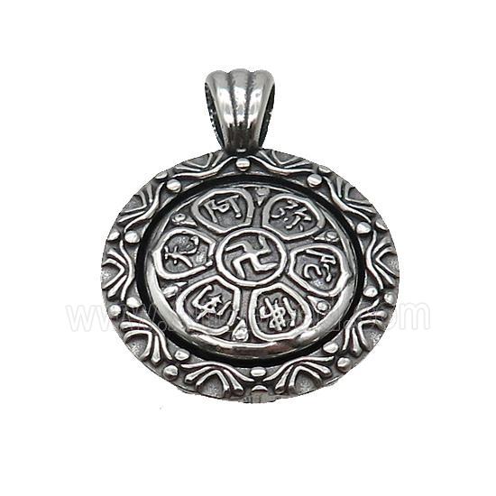 Stainless Steel Buddhist Charms Pendant Circle Om Mani Padme Hum Antique Silver