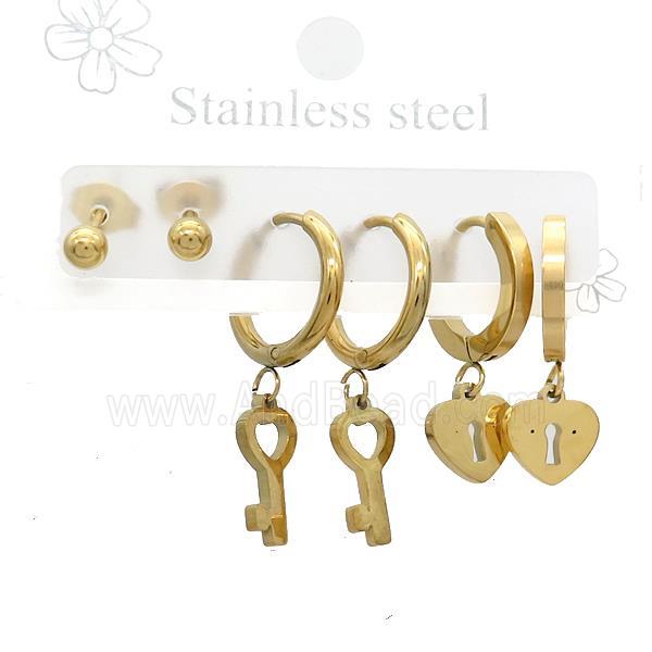Stainless Steel Earrings Lock Key Gold Plated