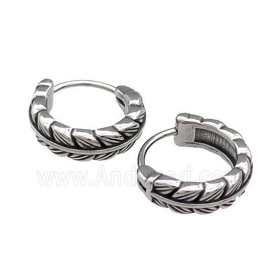 Stainless Steel Hoop Earrings Feather Antique Silver