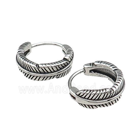 Stainless Steel Hoop Earrings Feather Antique Silver