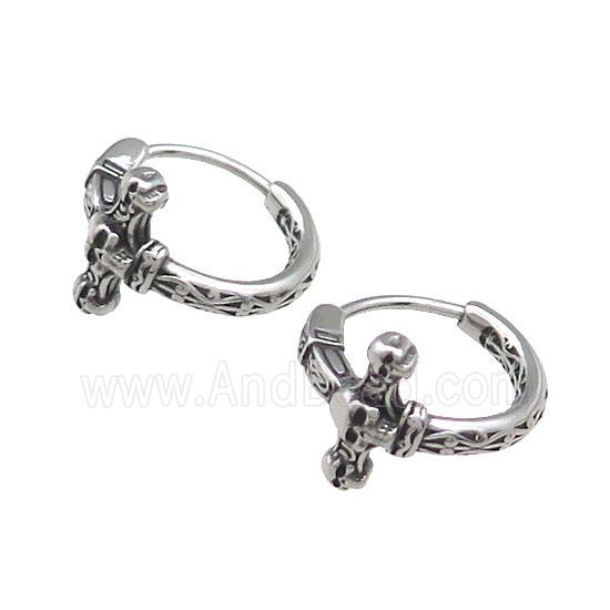 Stainless Steel Hoop Earrings Skull Cross Antique Silver