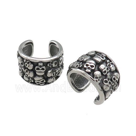 Stainless Steel Clip Earrings Skull Halloween Cuff Antique Silver