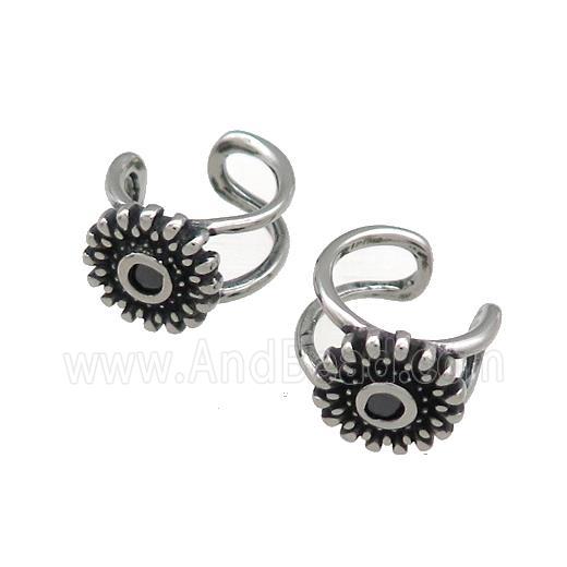 Stainless Steel Clip Earrings Flower Antique Silver