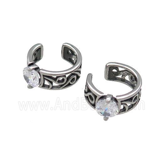 Stainless Steel Clip Earrings Pave Rhinestone Antique Silver