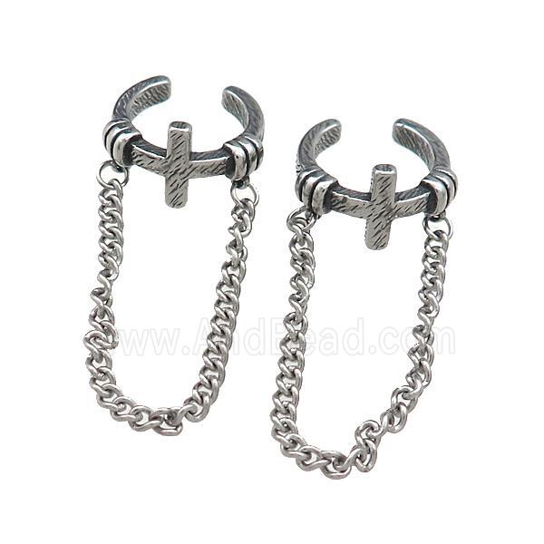 Stainless Steel Clip Earrings Cross Antique Silver