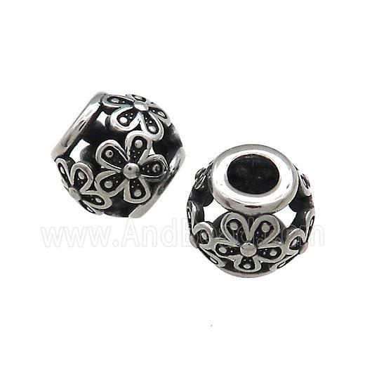 Titanium Steel Round Beads Large Hole Hollow Antique Silver