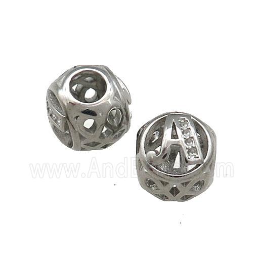 Raw Titanium Steel Round Beads Letter-A Large Hole Hollow