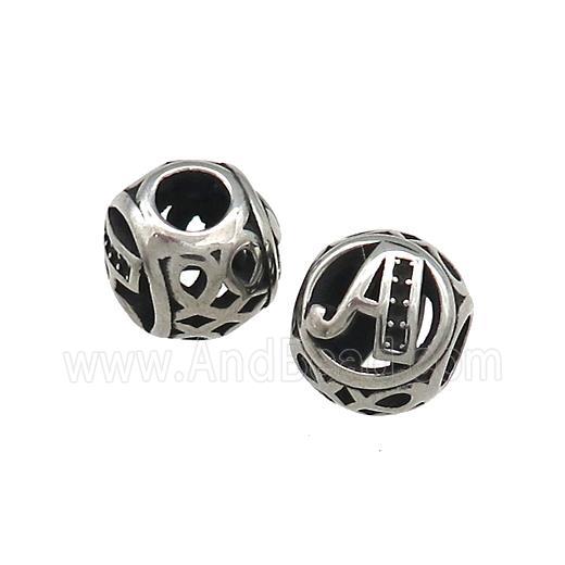 Titanium Steel Round Beads Letter-A Large Hole Hollow Antique Silver