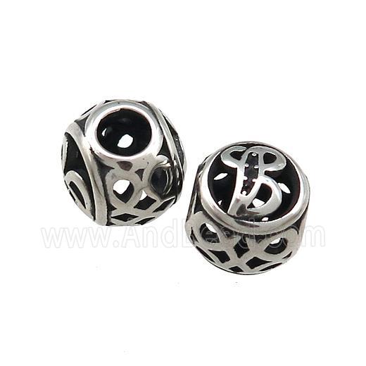 Titanium Steel Round Beads Letter-B Large Hole Hollow Antique Silver
