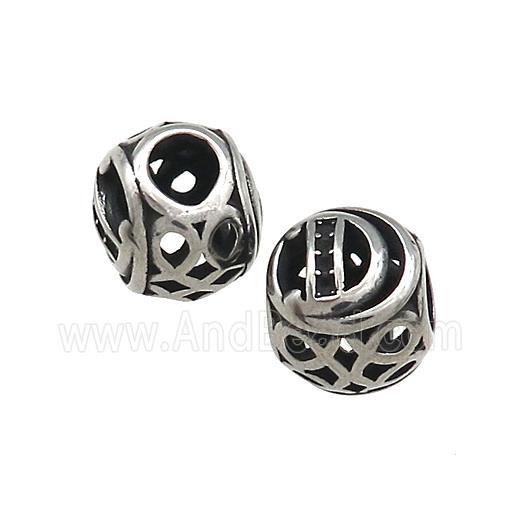Titanium Steel Round Beads Letter-D Large Hole Hollow Antique Silver