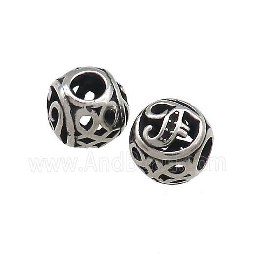 Titanium Steel Round Beads Letter-F Large Hole Hollow Antique Silver