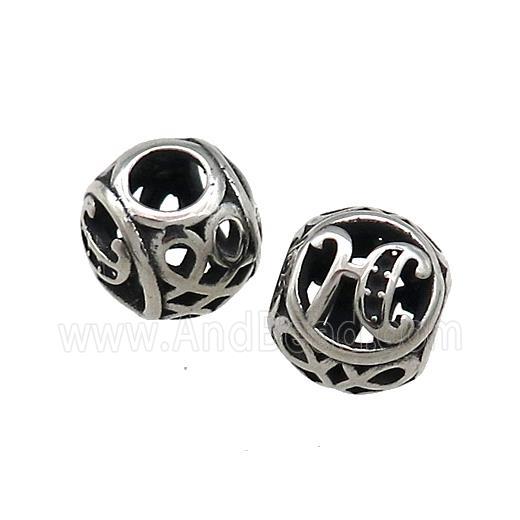 Titanium Steel Round Beads Letter-H Large Hole Hollow Antique Silver