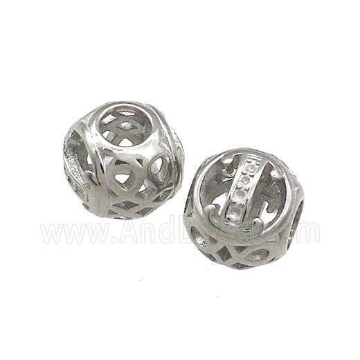 Raw Titanium Steel Round Beads Letter-I Large Hole Hollow