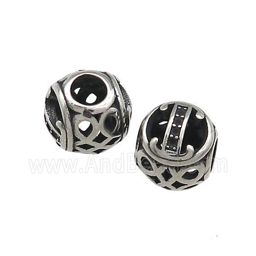 Titanium Steel Round Beads Letter-I Large Hole Hollow Antique Silver