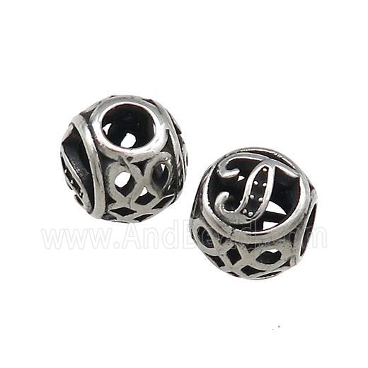 Titanium Steel Round Beads Letter-J Large Hole Hollow Antique Silver