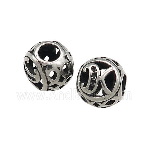 Titanium Steel Round Beads Letter-K Large Hole Hollow Antique Silver