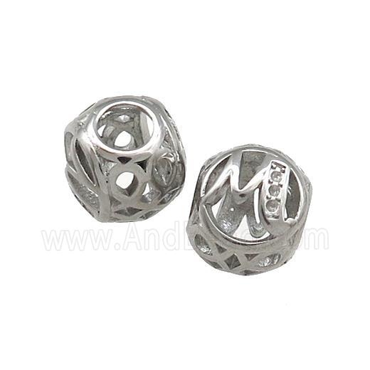 Raw Titanium Steel Round Beads Letter-M Large Hole Hollow