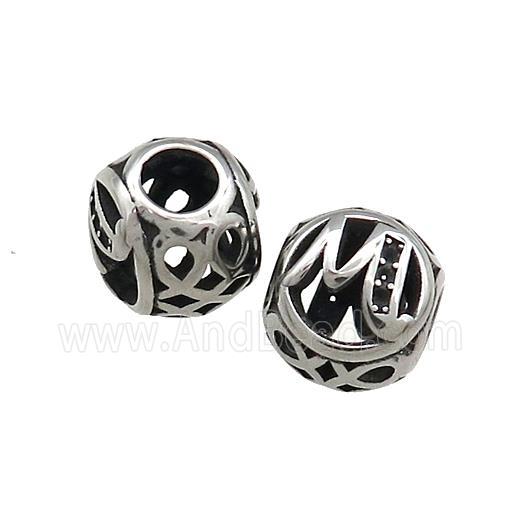 Titanium Steel Round Beads Letter-M Large Hole Hollow Antique Silver