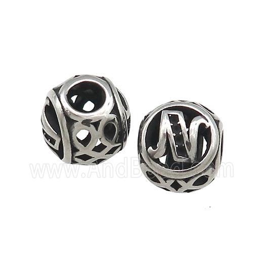 Titanium Steel Round Beads Letter-N Large Hole Hollow Antique Silver