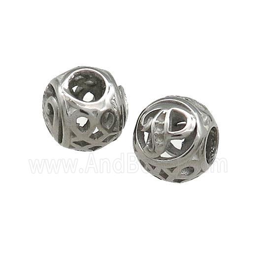 Raw Titanium Steel Round Beads Letter-P Large Hole Hollow