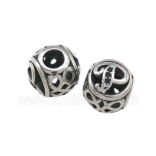 Titanium Steel Round Beads Letter-P Large Hole Hollow Antique Silver