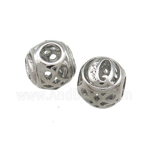 Raw Titanium Steel Round Beads Letter-Q Large Hole Hollow