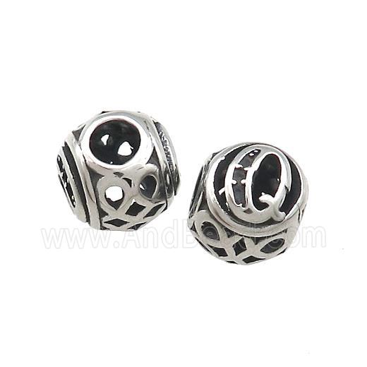 Titanium Steel Round Beads Letter-Q Large Hole Hollow Antique Silver