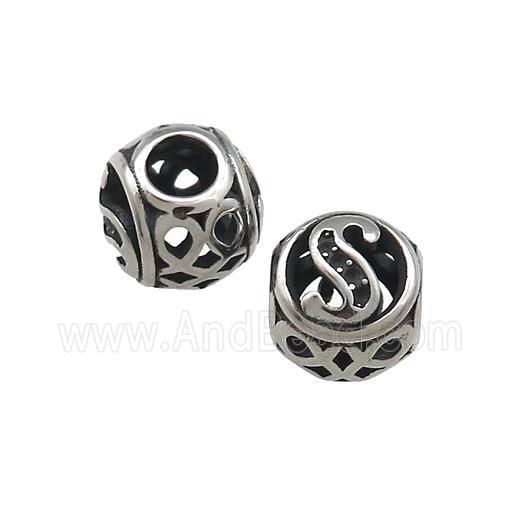Titanium Steel Round Beads Letter-S Large Hole Hollow Antique Silver